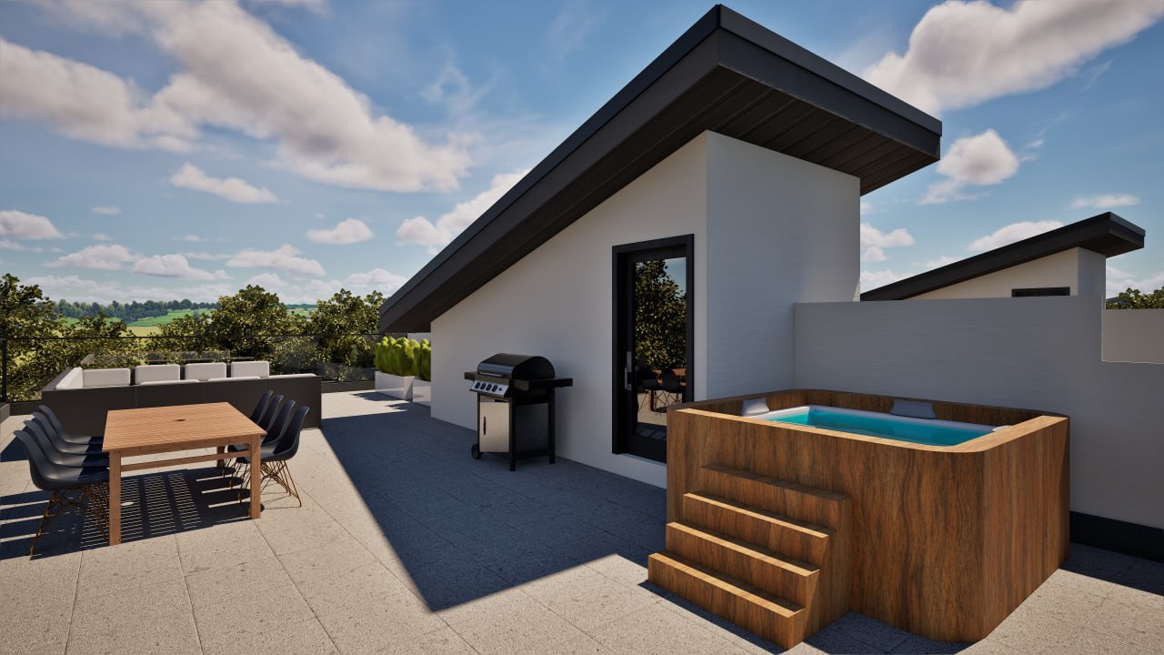 Rooftop patio with hot tub, dining and BBQ