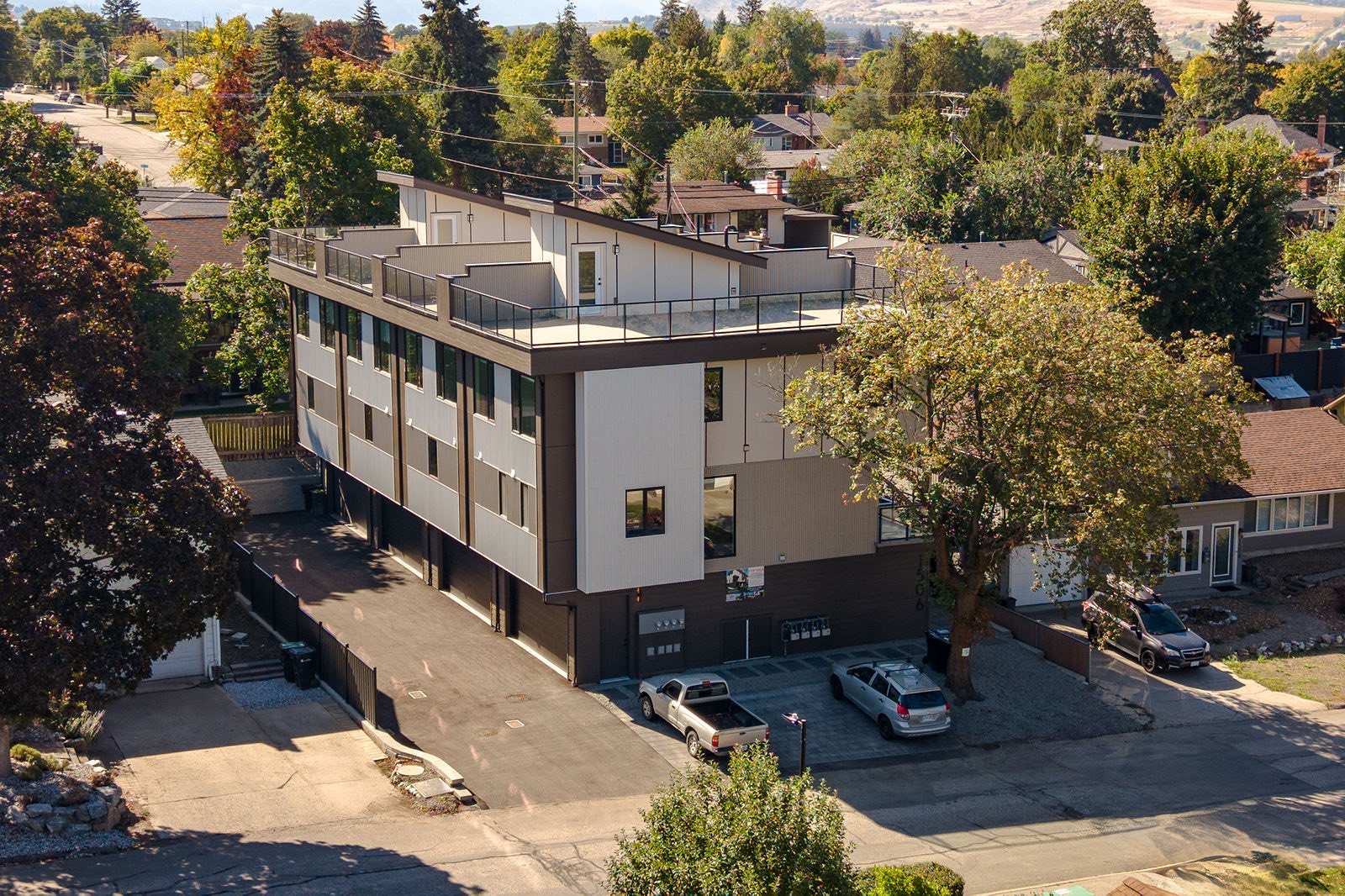 Aerial view of the four townhomes